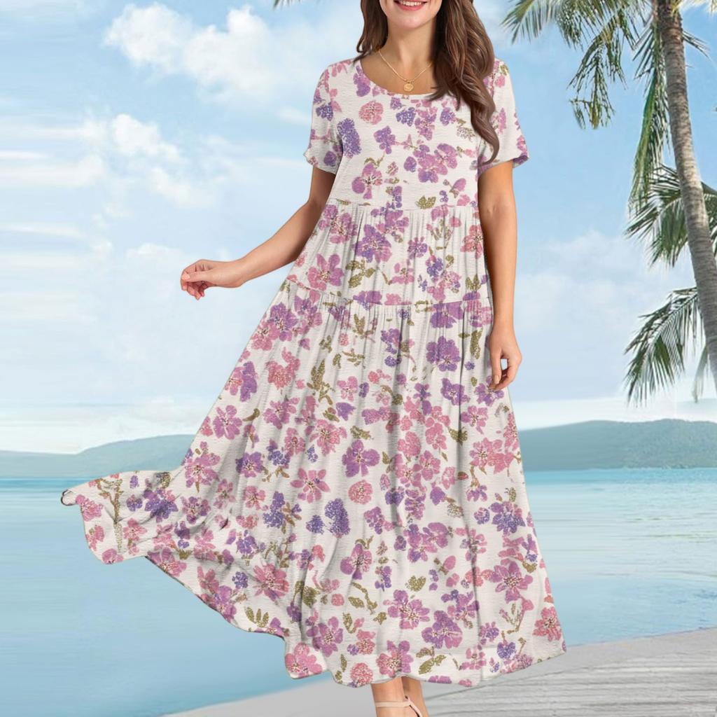 Women's Casual Loose Bohemian Floral Print Short Sleeve Dress