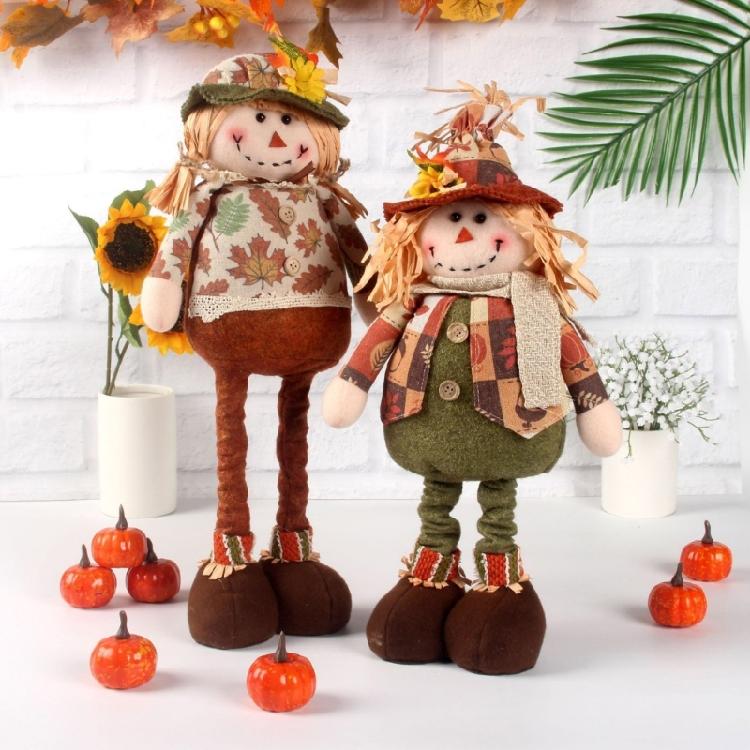Standing Plush Harvest Scarecrows Dolls with Stretchable Long Legs Autumn Thanksgiving Festivals Decors for Indoor Space