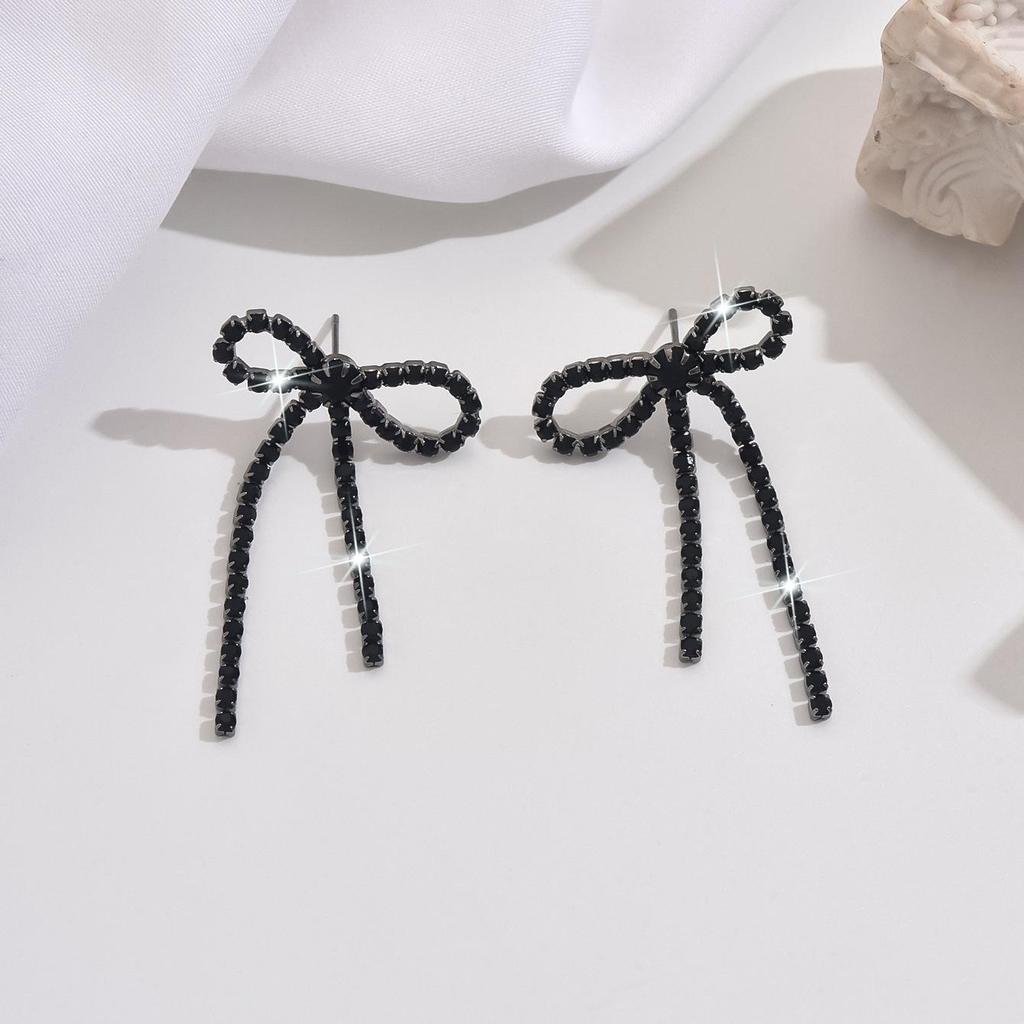 Crystal Bow Knot Tassel Drop Earrings, Silver/Black Rhinestone Long Dangle Earrings for Women
