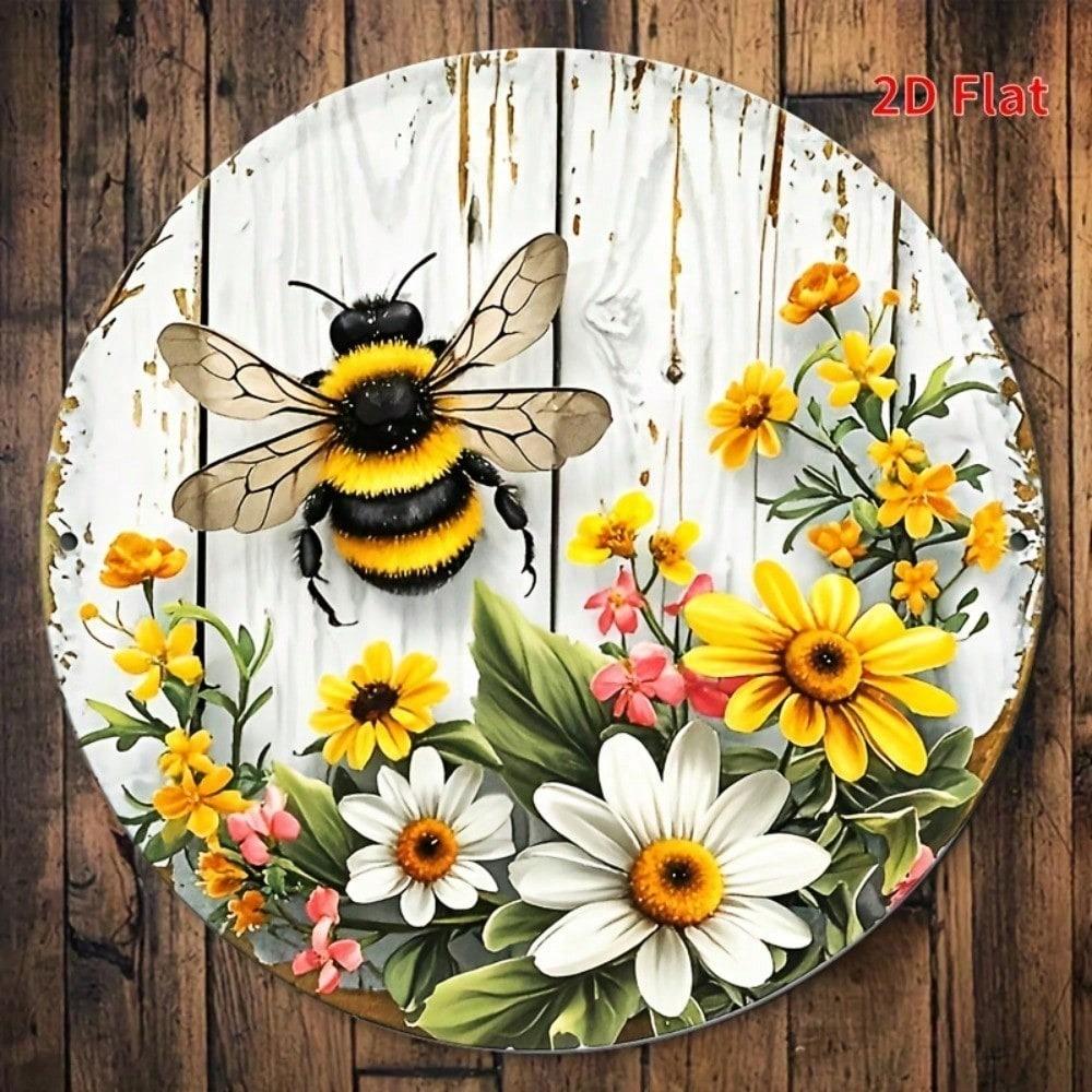 Rustikales Bienen- und Blumen-Metallwandkunstschild, 20 cm Landhausstil Heim- und Bürodekoration Plakette
