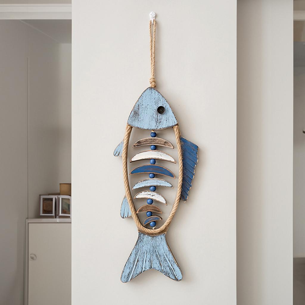 Wood Fish Decors Wall Hanging Ornament Mediterranean Fish Bone Decorations for Beach Home Bathroom Nautical Theme