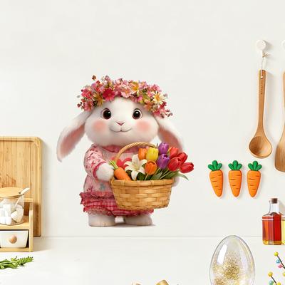 Easter Cartoon Little Bunny Basket Butterfly Wall Sticker for Bedroom Living Room Cabinet Home Decoration Self-Adhesive
