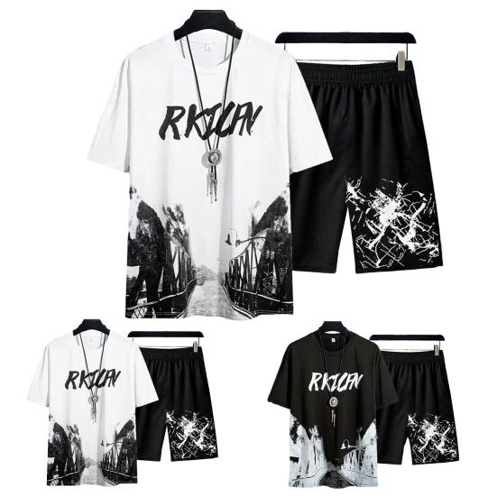 Summer Tracksuit Fashion O-Neck Quick Drying T-shirt Shorts Set Men Loose T-shirt Shorts Jogger Outfit Sportswear Suit Streetwear