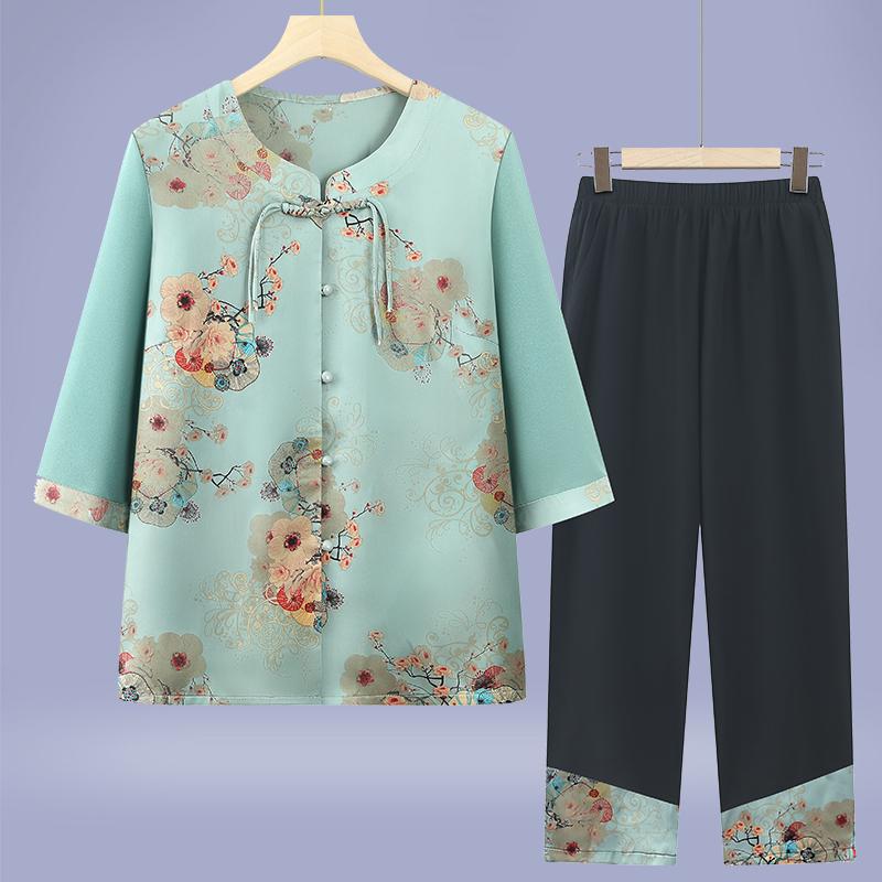 

Mom s 2026 Summer Short-Sleeve Loose Shirt Set - New Chinese National Style for Middle-Aged and Elderly Women in Plus Sizes 2XL (95-110 kg)