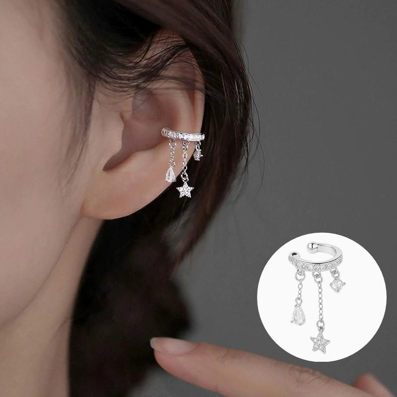 VENTFILLE 925 Sterling Silver for Women Ear Sweet Tassel Star Water Droplet Zircon Ear Clip Versatile Jewelry Gift Dropshipping