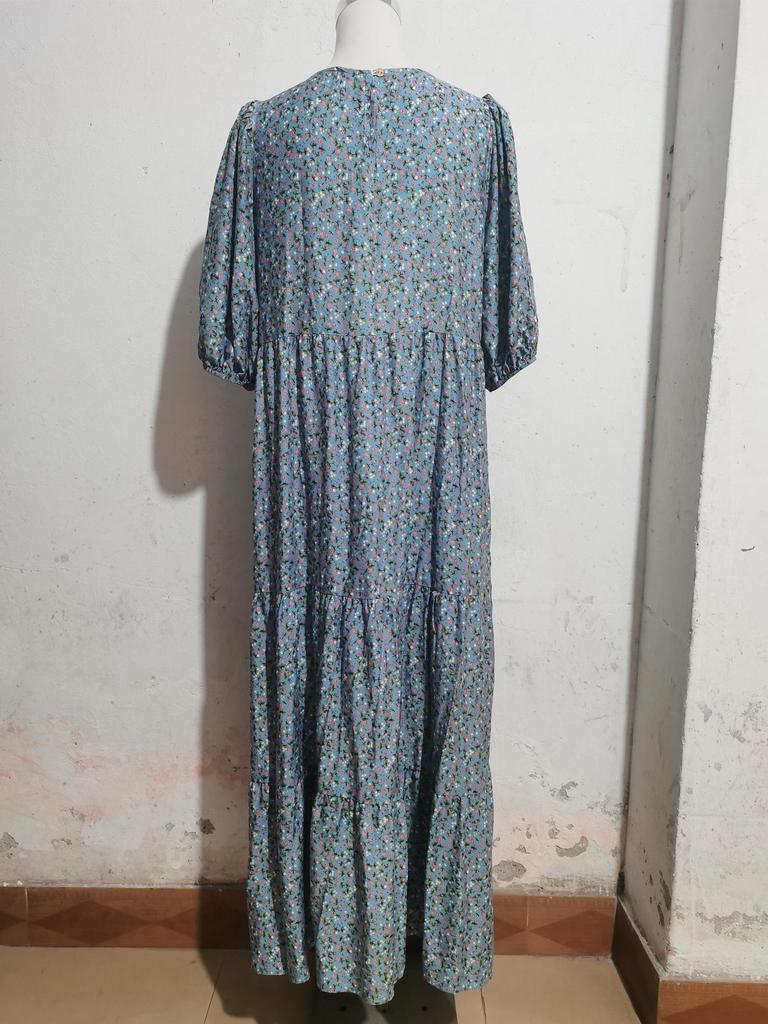 Retro Floral Short Sleeve Plus Size Round Neck Dress for Women