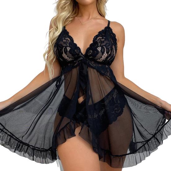 Body Lingerie Sexy a Apertura Frontale in Rete Trasparente con Slip Camicia di Pizzo Senza Maniche Mini Vestaglia Trasparente
