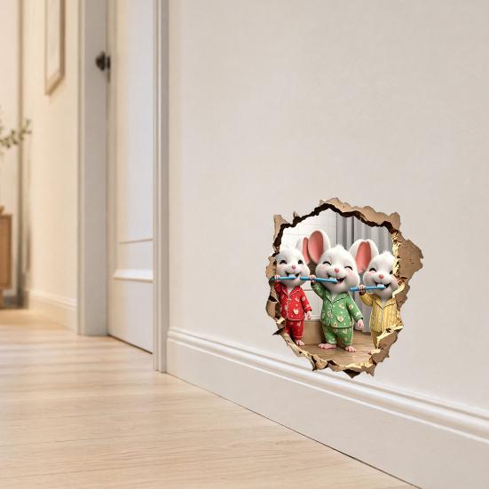baizihuahu Brushing Teeth Mouse Wall Sticker, 3D Effect Broken Pajama Peel And Stick Cartoon Art Decoration Decal for Home Bathroom