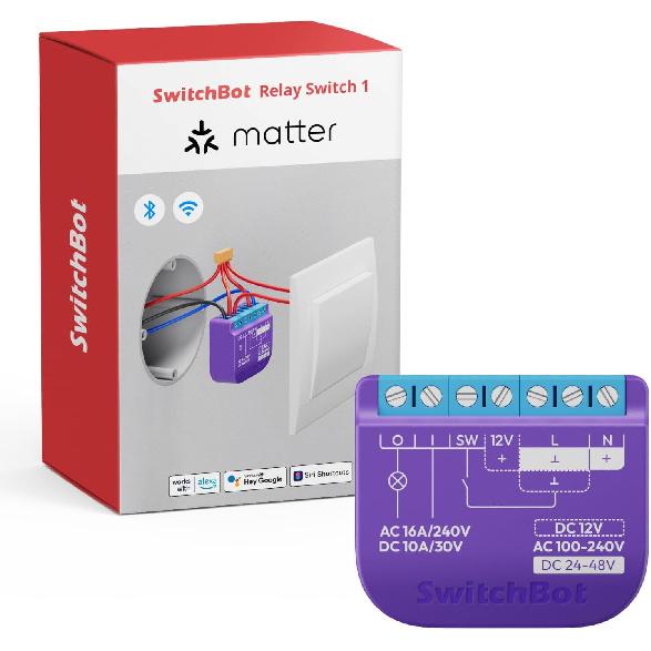 SwitchBot Smart Relay Switch 1,Smart Relay Module with Built-in Hub, Wi-Fi&Bluetooth Switch Compatible with Alexa/Apple Homekit/Google Home/Matter