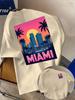 Miami City Sunset Skyline Print on Premium Soft Mens T Shirt Perfect for Summer Casual Vacation Streetwear Style
