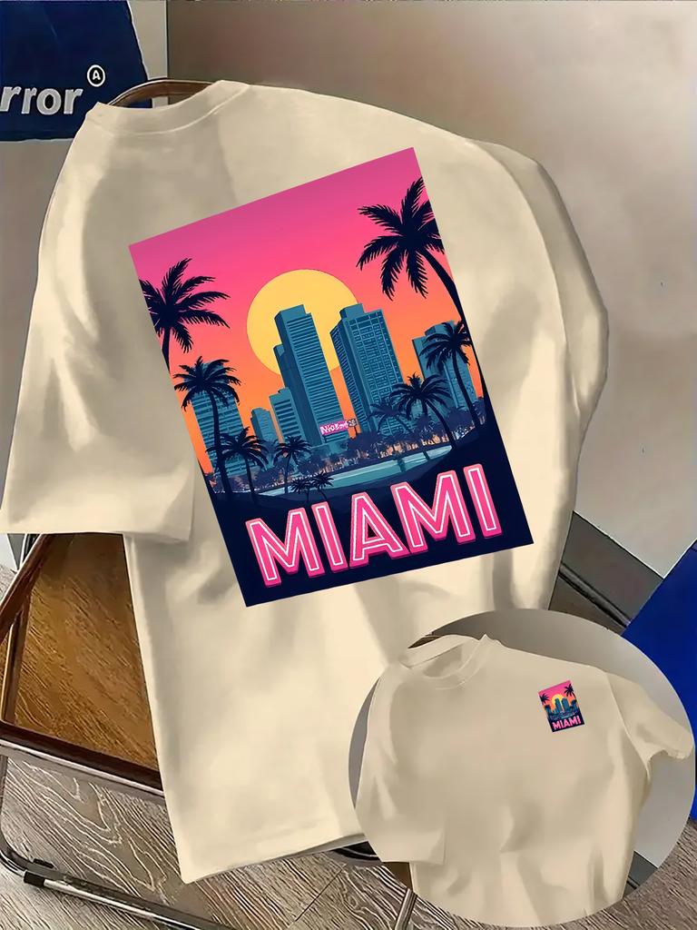 Miami City Sunset Skyline Print on Premium Soft Mens T Shirt Perfect for Summer Casual Vacation Streetwear Style