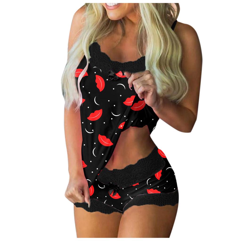 Women Print Pajamas Sleeveless Lace Cami Shorts Lingerie Sleepwear Set