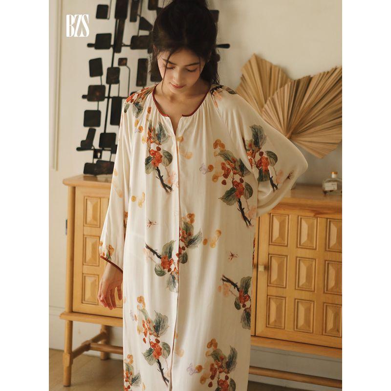 24 Autumn New Women's Rayon Satin Sweet Mori Fruit Outwear Print Cardigan Long Sleeves Home Nightdress