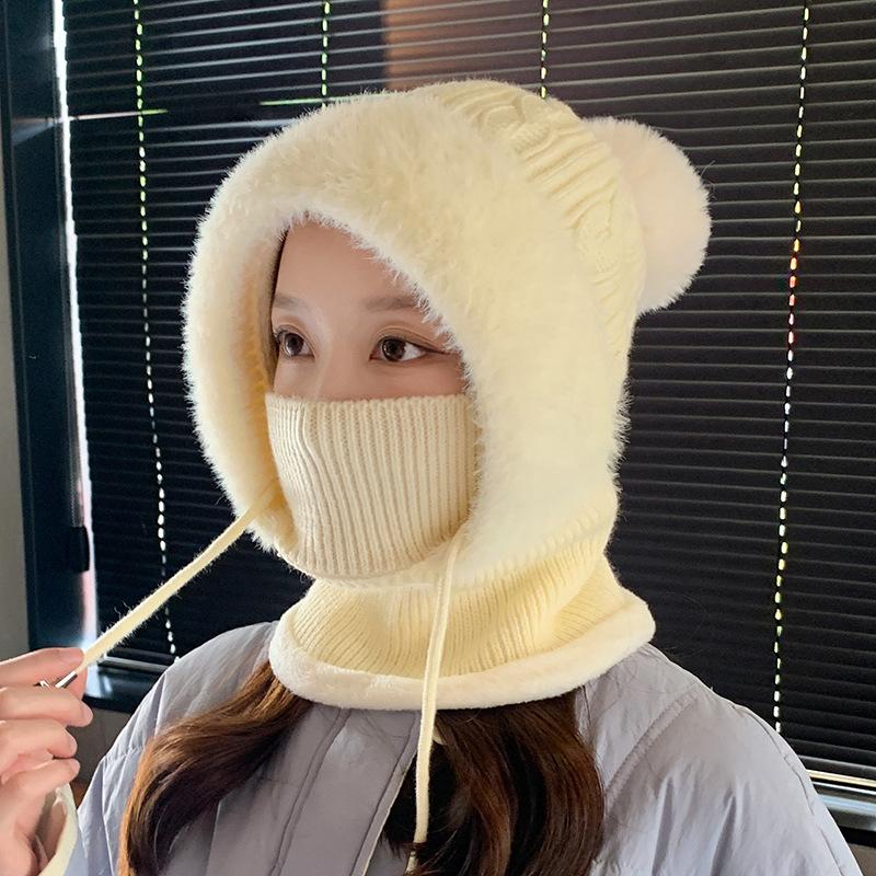 New Velvet Thick One-piece Hat Women's Winter Scarf Integrated Knitted Hat Outdoor Wind and Cold Warm Cycling Ear Hat