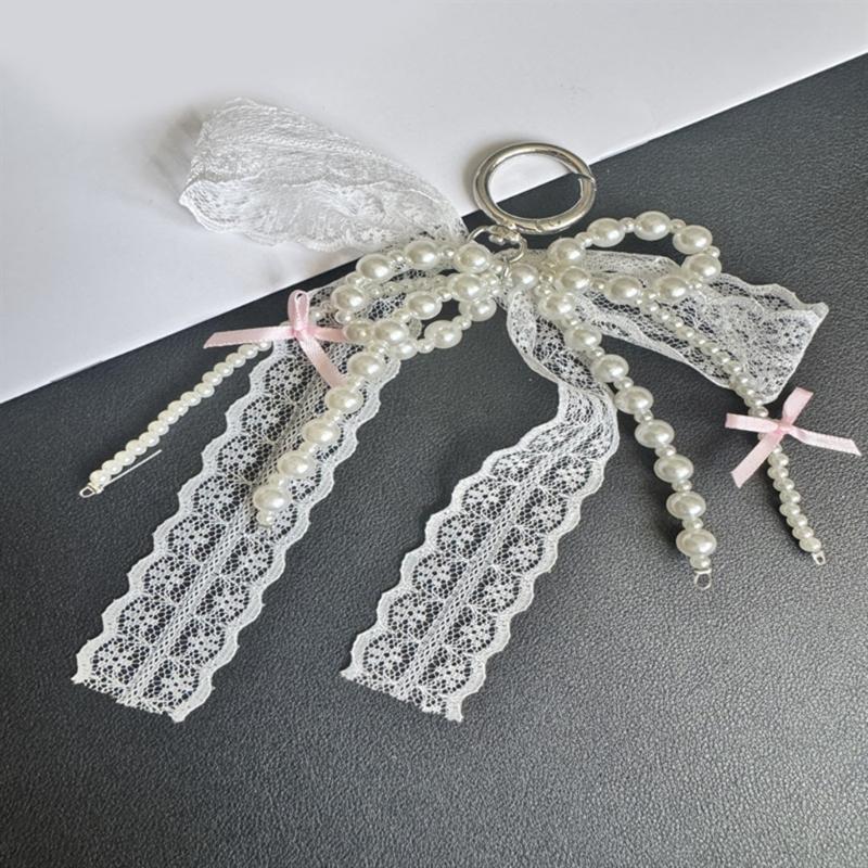 Stylish Phone Ornament With Fabric PVC Design Secure Clip For Key Bags Decoration Beads Lace Bowknot Keychain Pendant