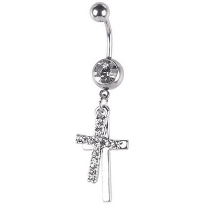 Rhinestone Double Cross Dangle Pępek do pępka Brzana Ring Body Piercing Biżuteria