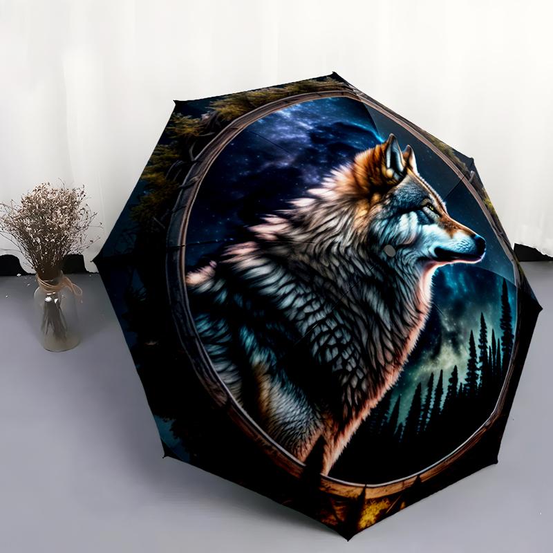 

1pc Wolf Theme pattern Umbrella Portable Folding Umbrella Iron Frame Hole Bone Structure Outdoor Home Umbrella разноцветный