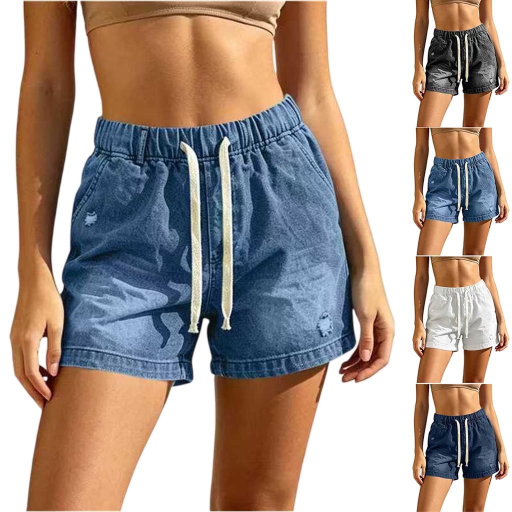 Women's Casual Distressed Denim Shorts with Elastic Drawstring Waist Relaxed Fit Three Inch Inseam Lightweight Summer Bottoms