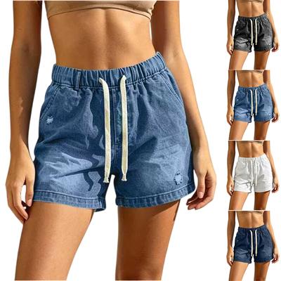 Women's Casual Distressed Denim Shorts with Elastic Drawstring Waist Relaxed Fit Three Inch Inseam Lightweight Summer Bottoms