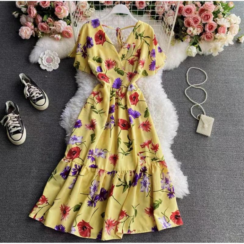 Summer French Platycodon Skirt Temperament V-Neck Waist Skinny Printed Over Knee Flared Sleeve Chiffon Floral Dress