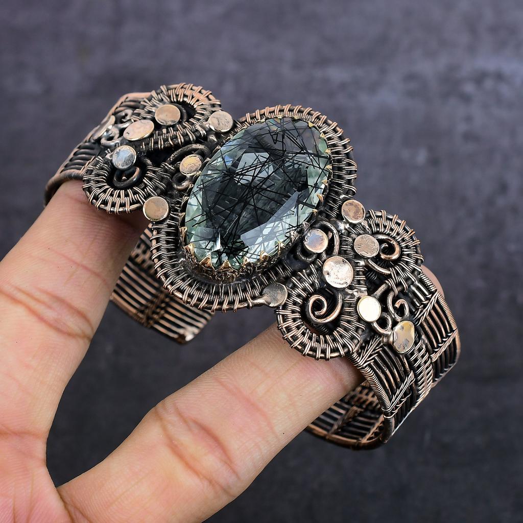 Natural Black Rutile Gemstone Copper Wire Wrap Cuff Bangle Adjustable K3P57
