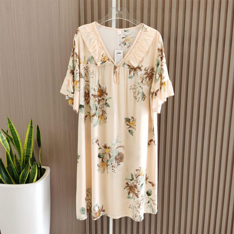 Artificial Cotton Nightdress Women's Summer Thin Plus Size Pajamas Short-Sleeved Artificial Cotton Dress Can Be Outerwear Homewear Maternity Dress
