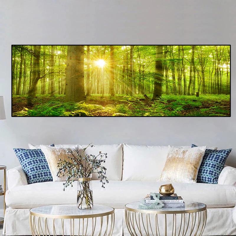 Landschaft Sonnenlicht Grüne Bäume Blätter Wald Leinwand Malerei Natur Poster und Drucke Wand Kunst Bilder Home Decor Kein Rahmen