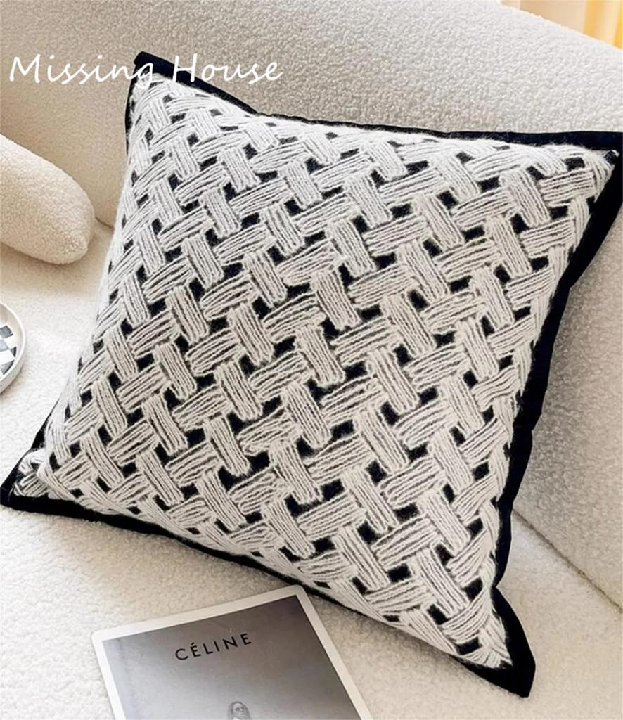 Ins Czarno-biała szachownica Siatka haftowana kreatywna poszewka na poduszkę z tyłu poduszka dekoracyjna domowa sofa łóżko krzesło salon
