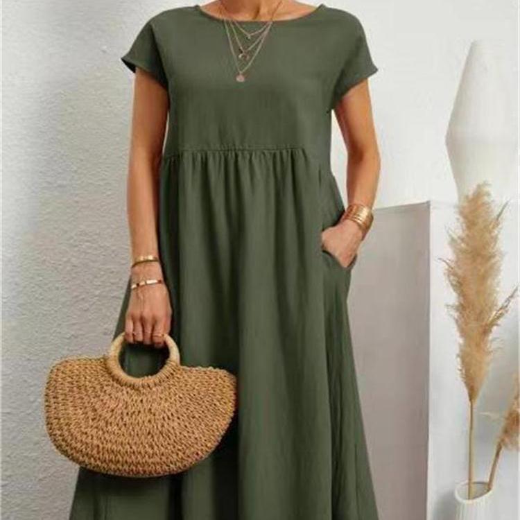 European and American Solid Color Sleeveless Loose Cotton and Linen Pocket Dress