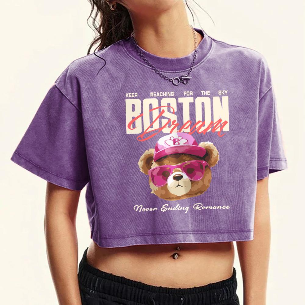 

Бостон Мультяшный Принт Розовый Медведь Женская Выстиранная Футболка Хлопок Повседневная Короткий Рукав Круглый Вырез Кроп-Топ XL