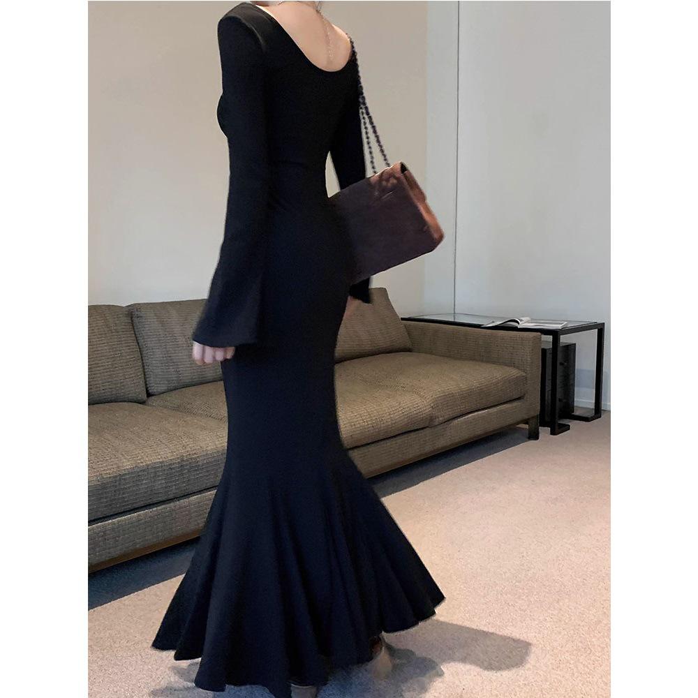 Hepburn Style Black Fishtail Dress: Women's Early Autumn Lotus Hip-Wrapping Long Dress