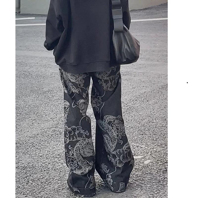 Damskie czarne gotyckie dżinsy z nadrukiem smoka, workowate, vintage, estetyczne, kowbojskie spodnie, spodnie jeansowe Harajuku