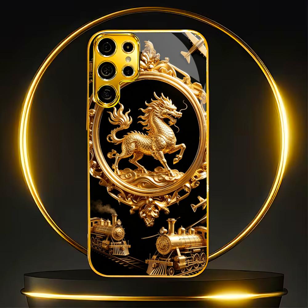 Shiny Gold Plated Kirin phone case glass s25 ultra case s26 ultra case for Samsung Galaxy S26 S25 S24 S23 S22 FE Ultra Plus