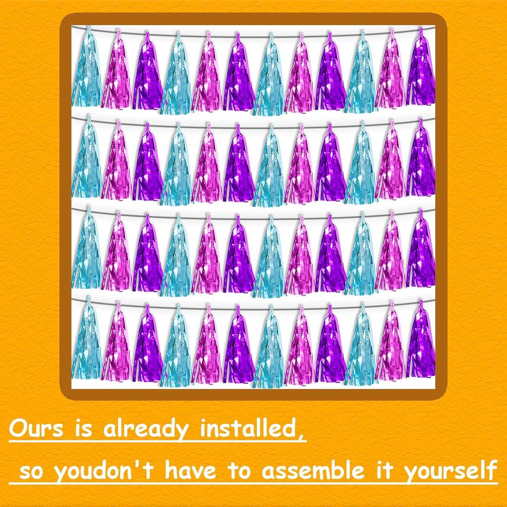 4P Lake Blue Purple-Hot Pink Tassel Banner Garland Metallic Foil Fringe Banner Tel Tassels Streamer Banner Backdrop for Parade Floats,Graduation