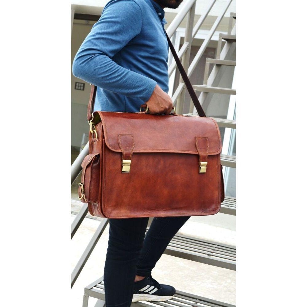Goat Leather Messenger Shoulder Briefcase Men Laptop Satchel Vintage Genuine Bag