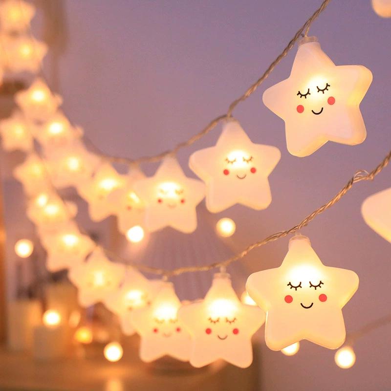LED Smiling Cloud & Star String Lights for Children's Bedroom, Tent, Birthday Decoration, Battery-Powered Camping & Hanging Lights