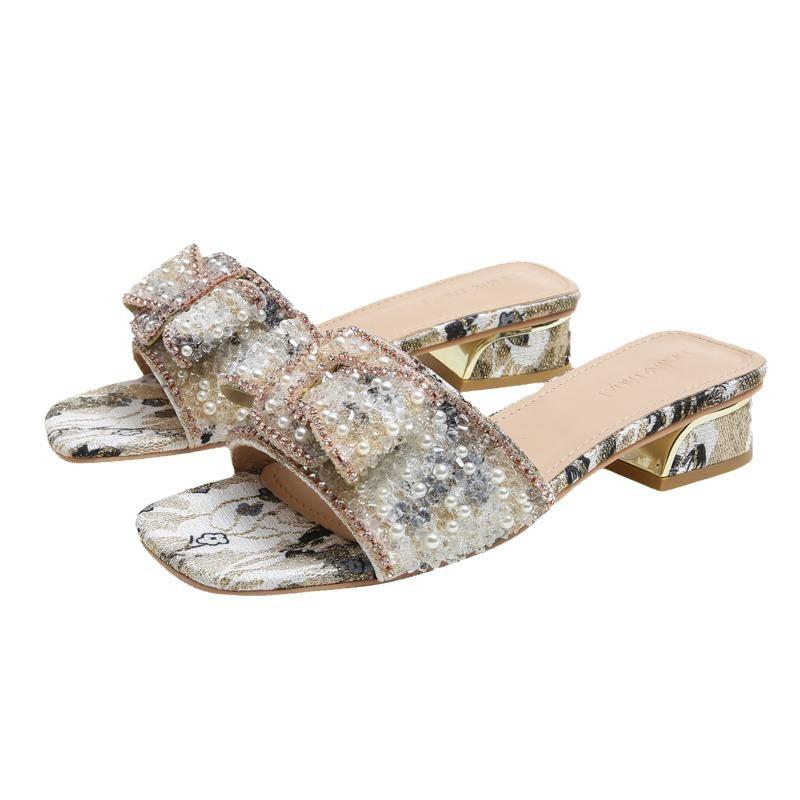 Red slippers women's tide wear thick heel non-slip rhinestones summer 2025 new printed outdoor women's sandals shoes