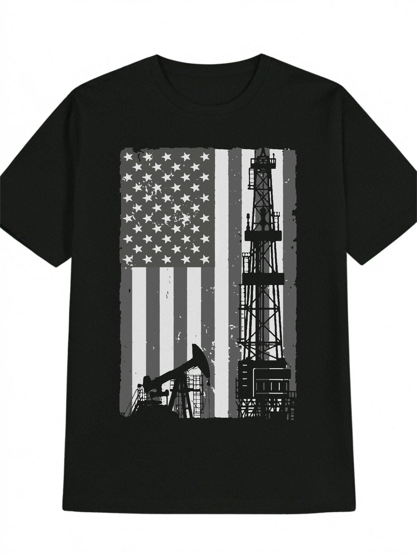 Casual Graphic T-shirt - American Flag & Oil Derrick Print S