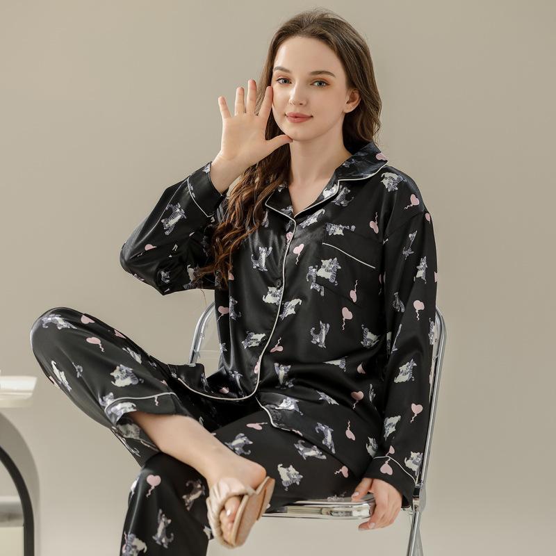 Cute Cat Illustration Print Early Spring Girl Home Leisure Comfortable Ice Silk Pajama Set