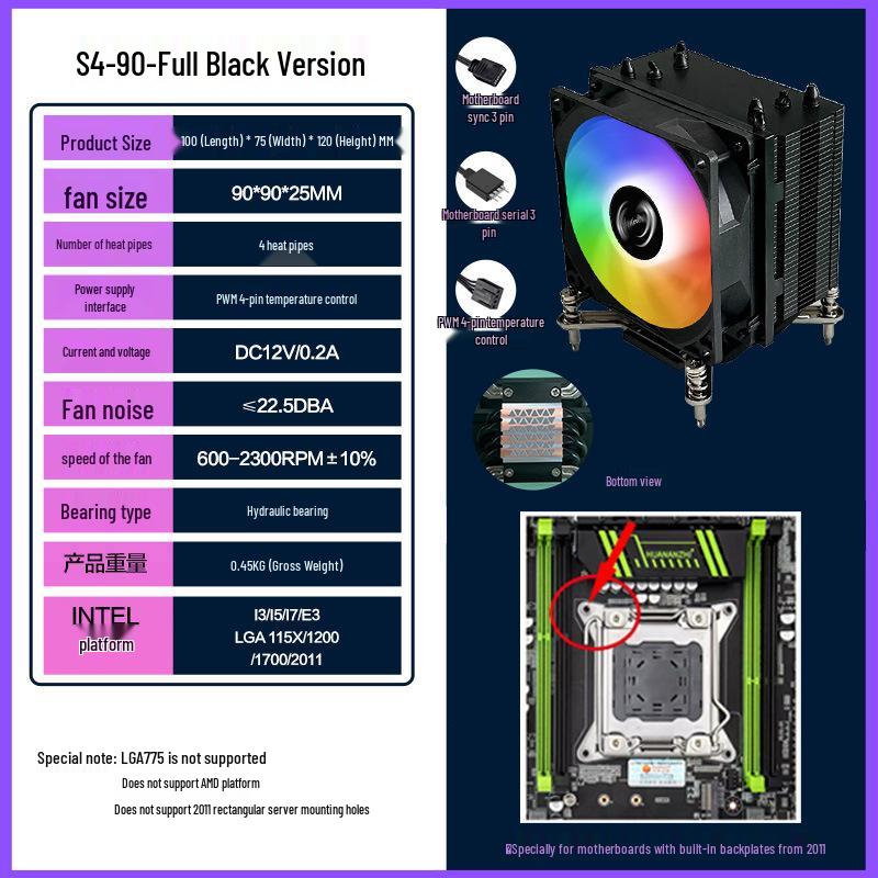 Black Fin Pure Copper CPU Cooler with 4 Heatpipes for 2011, 115X, and 1700 Platforms - Silent Desktop Fan