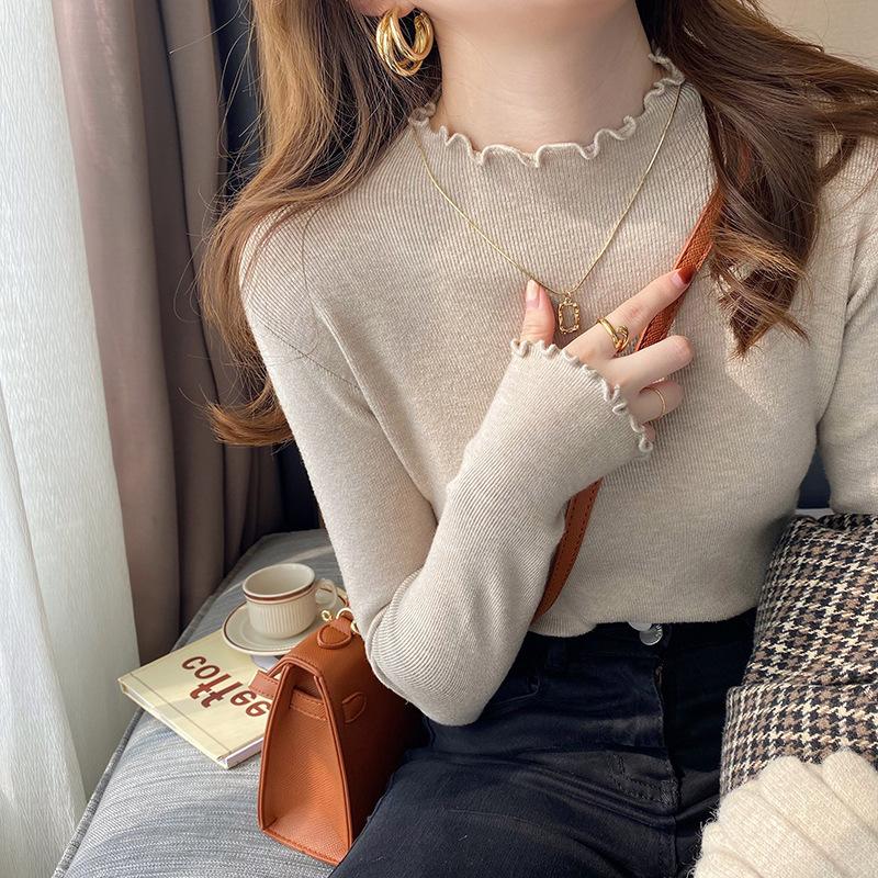 Ladies Autumn Winter Long Sleeve Ruffles Stand Collar Slim Fit Basic Solid Color Pullover Knitted T Shirt Top for Layering