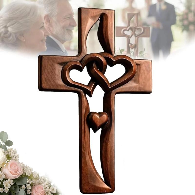 Hand-Carved Intertwined Hearts Wooden Cross, Hanging Hand Carved Marriage Cross