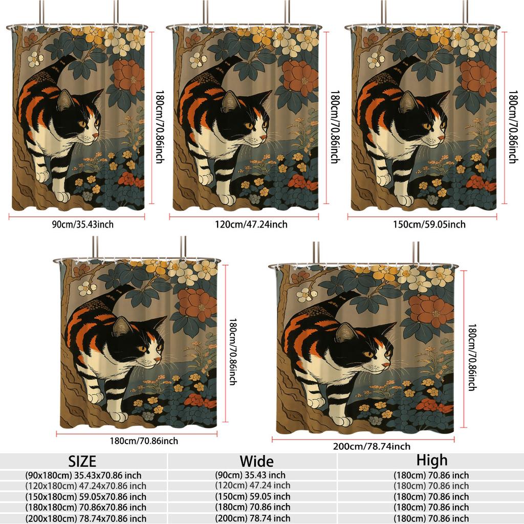 1PC Vintage Ukiyo-e Calico Cat Floral Waterproof Shower Curtain, Privacy Partition Hanging Curtain for Bathroom