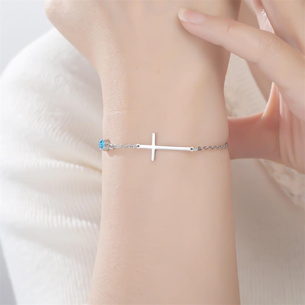 Cross Birthstone Zirconia Charms Bracelets Girls Summer Beach Thin Chain Cross Hand Chain July August Stainless Steel Jewelry