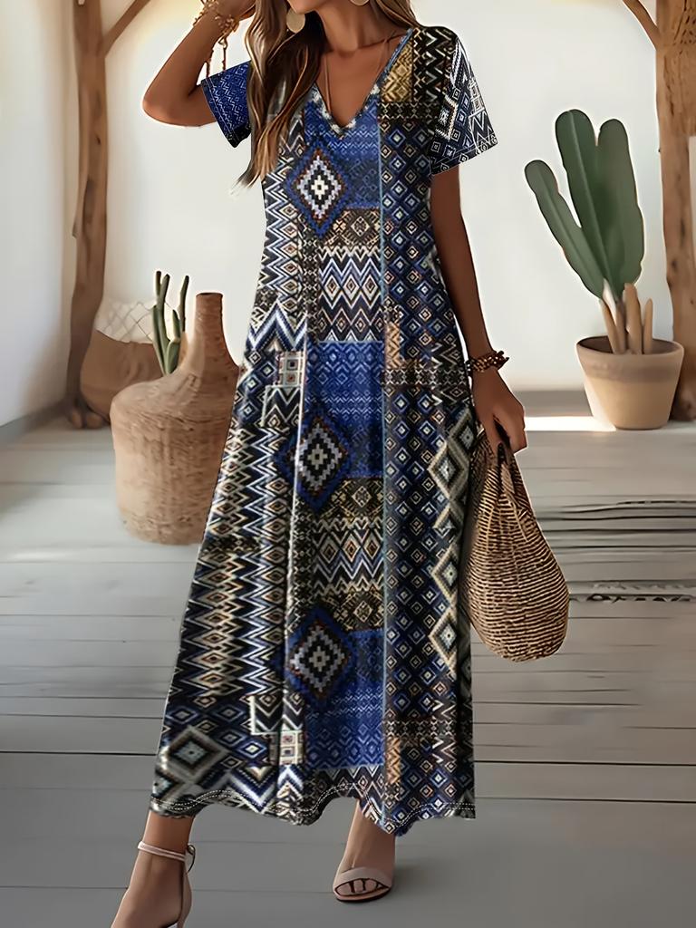 Europe, America, summer new fashion casual printing geometric pattern v-neck dress long dress