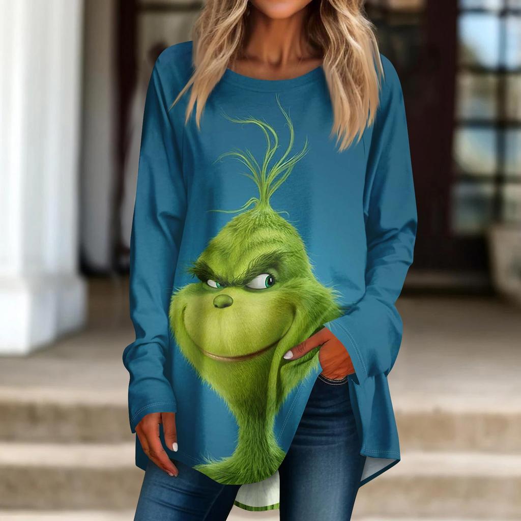 Damen Weihnachtsdruck Langarmshirt Rundhals Pullover T-Shirt Top Pullover