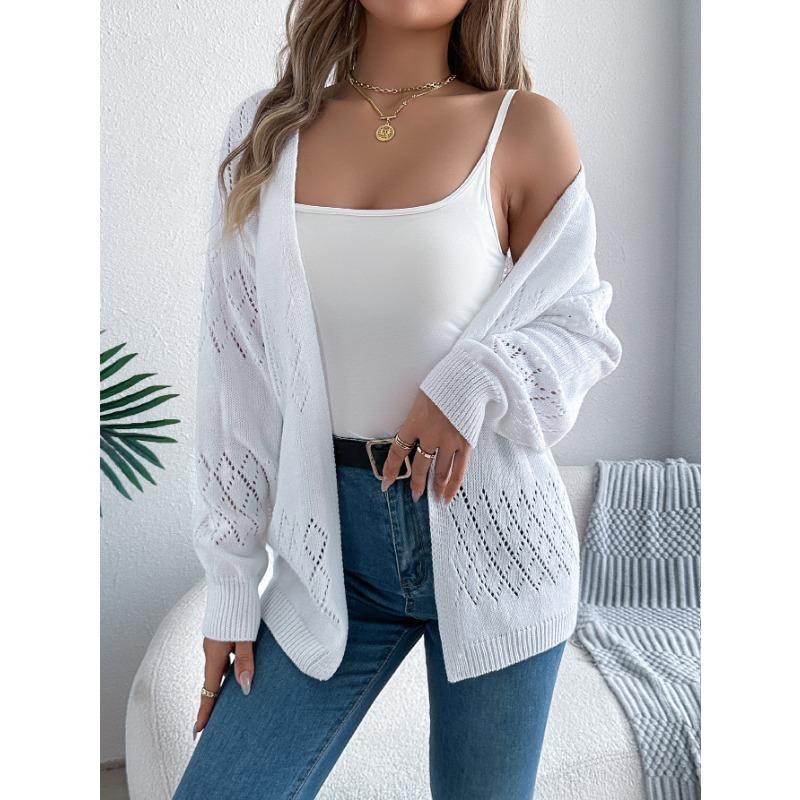 Women European American Casual Solid Hollow Out Lantern Long Sleeve Cardigan Sweater Coat