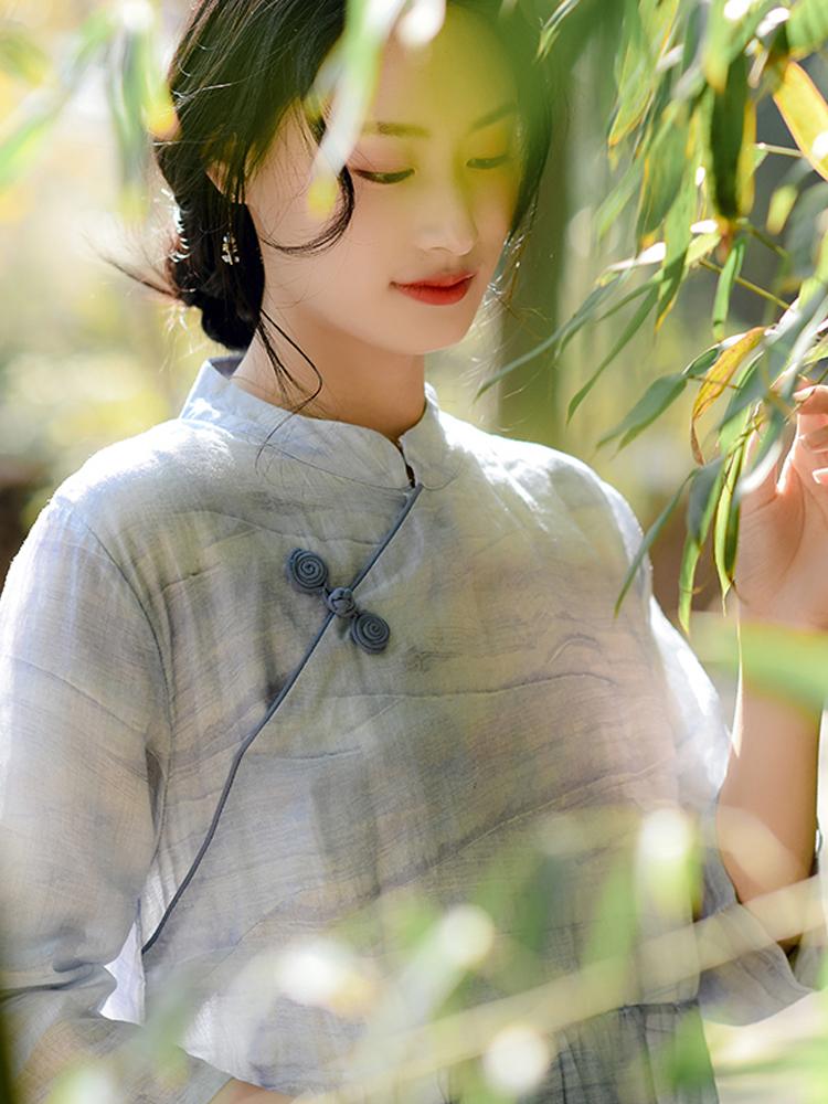 Johnature Chinesischen Stil Frauen Kleid Stehen Taste Halbe Hülse Frühling Vintage Frauen Kleidung Ramie Hohe Qualität Kleider