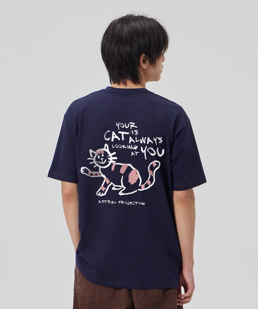 Astral Projection [Doodle Cat] Cotton Loose Fit Short Sleeve T-Shirt_Space Navy L