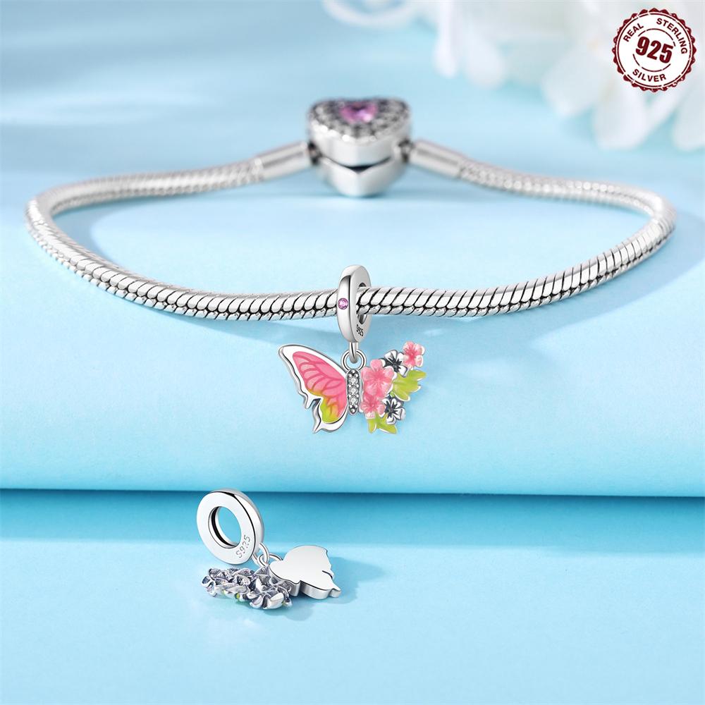 Beads Copper Charms Original Pink Butterfly Insect Pendant Beads Fit Bracelet Jewelry Diy Women Fine Gift Accessory